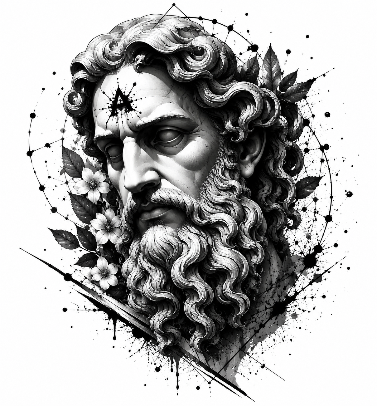 Ilustração clássica em preto e branco de um busto ornamentado com flores e elementos geométricos, representando a identidade da Atlas AI